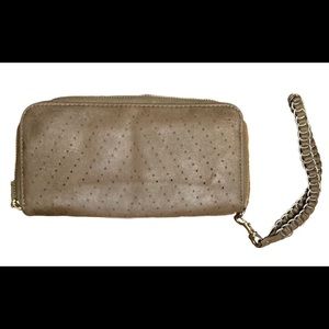 Brown Faux Leather Wallet With Gold Tone Chain